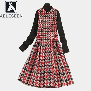 

AELESEEN Runway Fashion Women Sets 2020 Spring Autumn Black Knitted Sweater+ Plaid Sleeveless Midi Dress Elegant XXL Sets