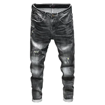 

2019 Men Jeans Hole Patch Hole Jeans Straight Cylinder Leisure Jeans Male