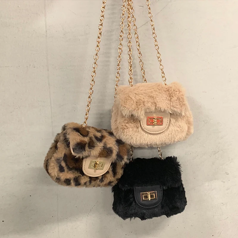 fashion Leopard plush shell women shoulder bags designer mini chains crossbody messenger bag lady cute small purses winter