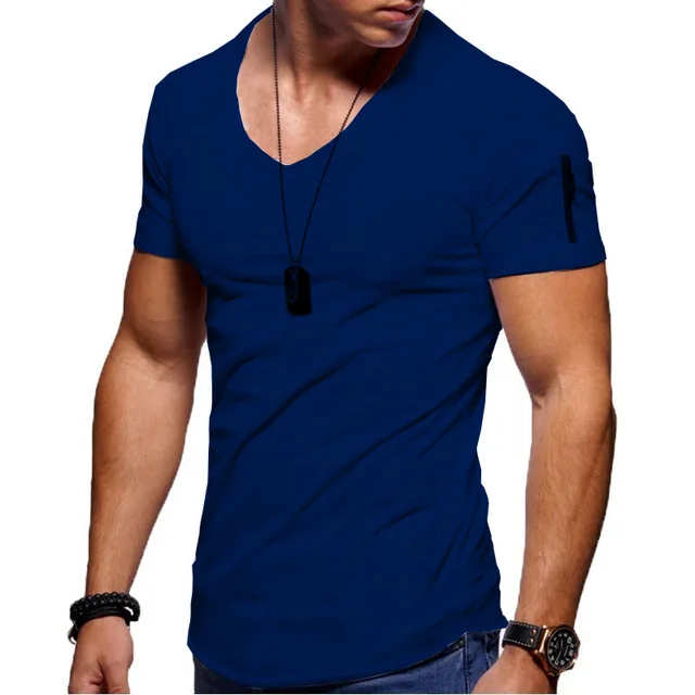 2022 New Men's V-neck T-shirt Fitness Bodybuilding T-shirt High Street Summer Short-Sleeved Zipper Casual Cotton Top Dark blue