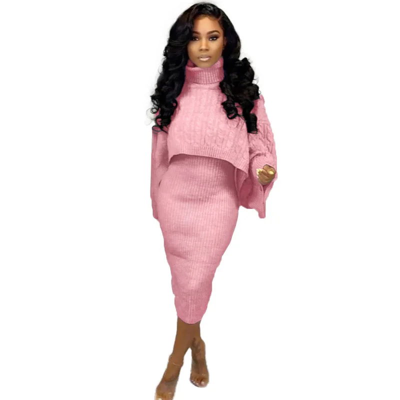 Autumn Winter Knitted Sweater Two Piece Set Turtleneck Long Sleeve Loose Crop Top+ Bandage Midi Tank Dress Plus Size Tracksuit