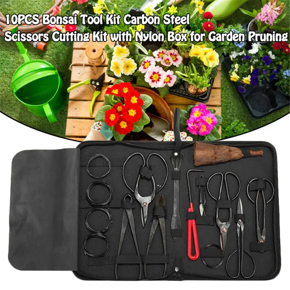

10PCS Bonsai Tool Kit Carbon Steel Scissors Root Hook Broom Concave Knife Rotary Leaf Cutter With Nylon Box For Garden Pruning