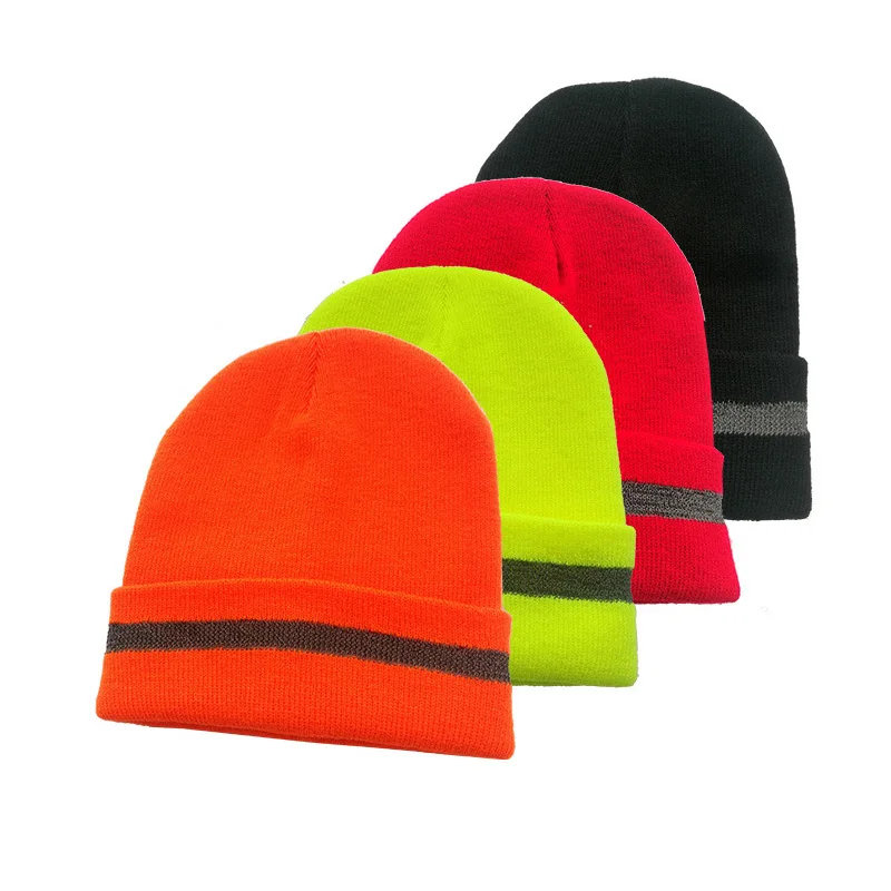 Теплая зимняя вязаная шапочка Hi-Viz, вязаная шапка со светоотражающими полосками для мужчин и женщин