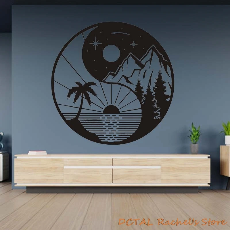 Yin Yang Day Night Tropical Island Mountain Sticker Palm Silhouettes Home Decor Vinyl Decal Coconut Tree Living Room Bedroom | Дом и сад