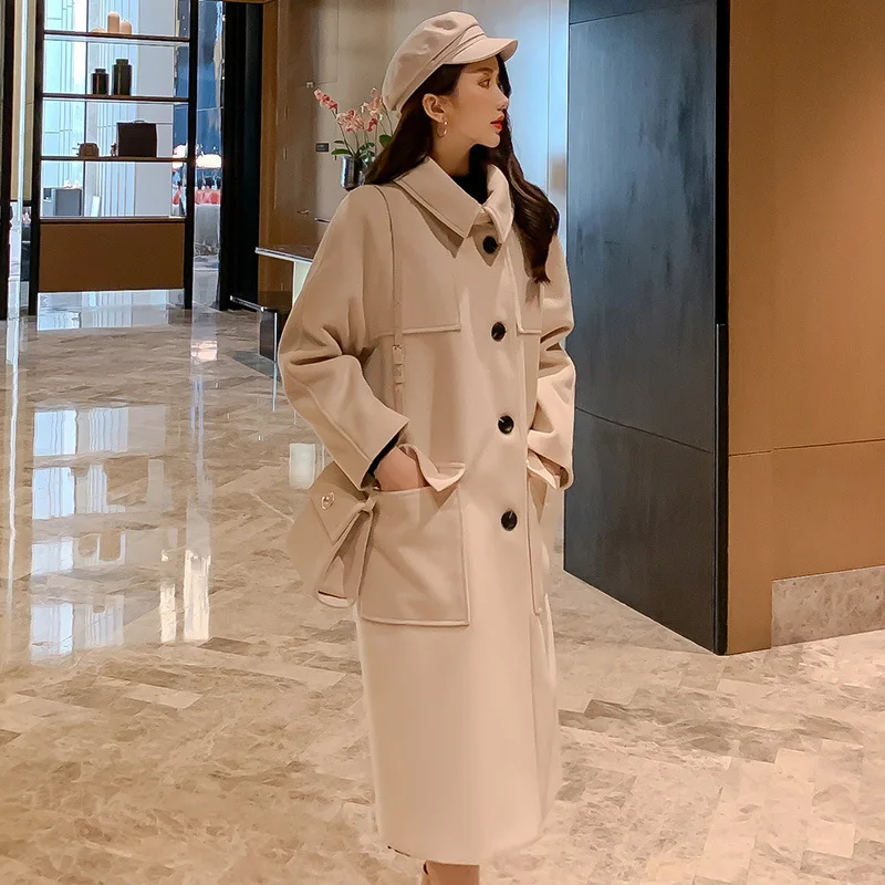 Зимние женские шерстяные комбинированный Тренч пальто элегантная верхняя одежда повседневные свободные толстые кардиганы женские