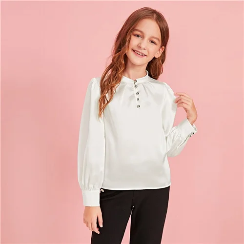 SHEIN/детская белая сатиновая блузка на пуговицах с рукавами-фонариками для девочек; рубашка; топы для детей; коллекция года; Осенние повседневные блузки с длинными рукавами - Цвет: Белый