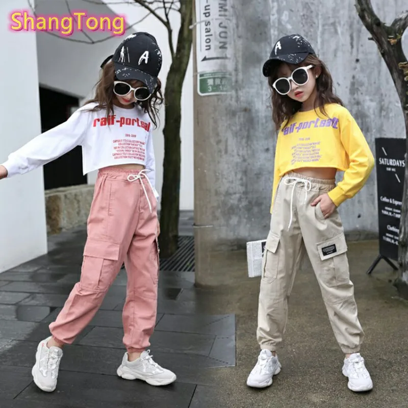

ShangTong 2019 Fashion Girls Pants Multi-pocket Girls Sweatpants Elastic Waist Harem Pants Kids Children Pant 4-14T Street dance