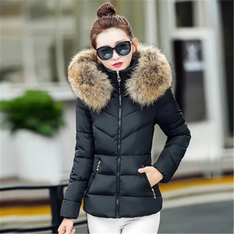 Slim Jacket Women Parkas Winter Fur Collar Coats Hooded Cotton Padded Short Jackets Female Warm Casual Solid Color Overcoat