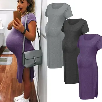 

2020 New Maternity Dresses Summer Casual Cotton pregnant pregnancy dress Short Sleeve Sexy Split Midi Dress women dress S-2XL