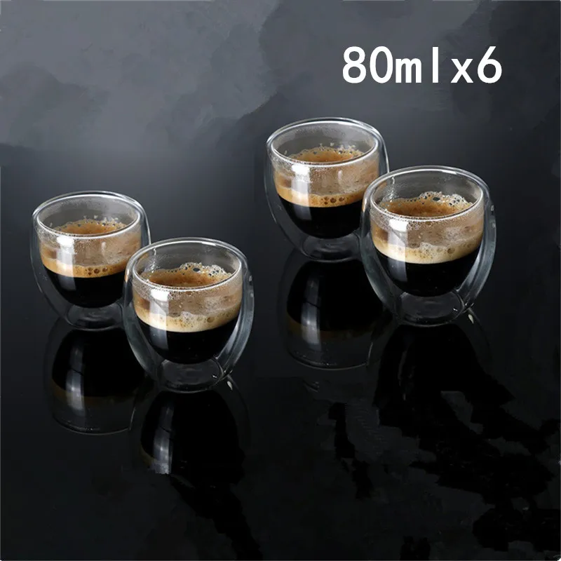 6 pcs/set Double Wall Glass Clear Handmade Heat Resistant Tea Drink Cups Healthy Drink Mug Coffee Cups Insulated Shot Glass