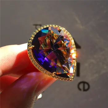 

Charm Male Female Big Water Drop Ring Men Women Yellow Gold Wedding Band Ring Luxury Purple Zircon Stone Engagement Ring
