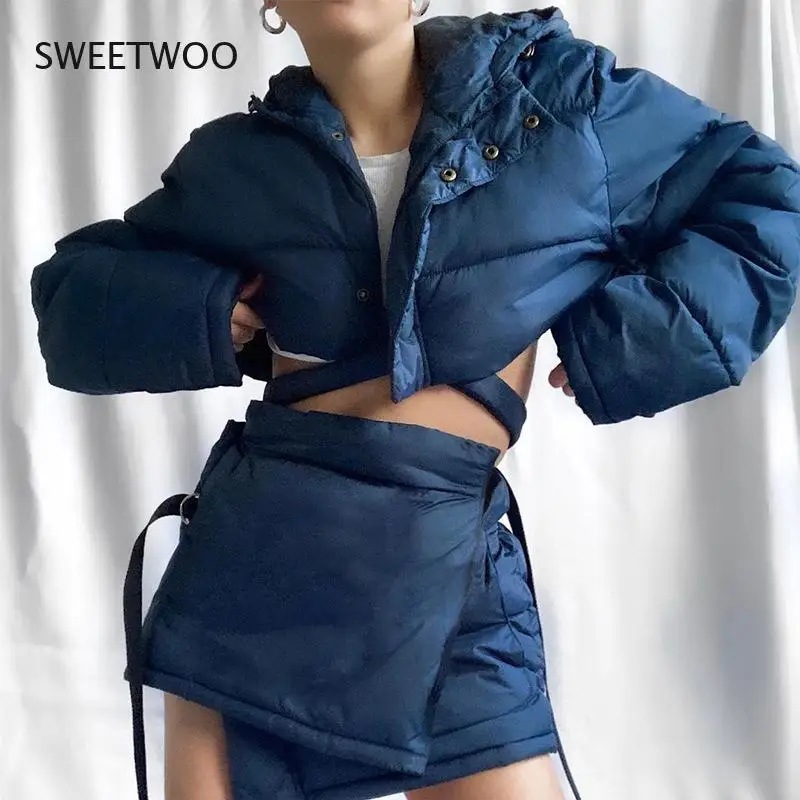 2021 Autumn and Winter New Women's Single-Breasted Hooded Cotton-Padded Jacket High Waist Bag Hip Skirt Casual Suit Women