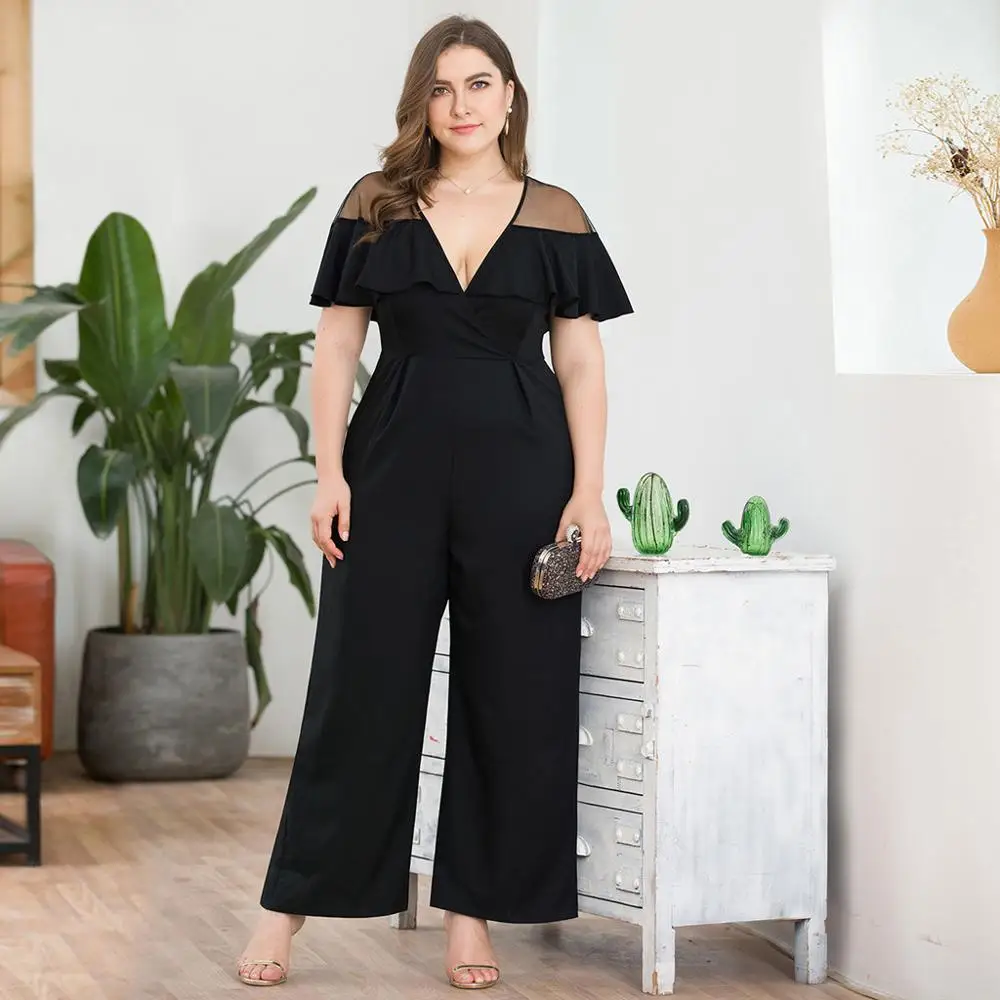 

Plus Size Women Jumpsuit Solid V-Neck Short-Sleeved Mesh Stitching Wide Leg Rompers Combinaison Femme Elegante Femme 2020 Hot Y
