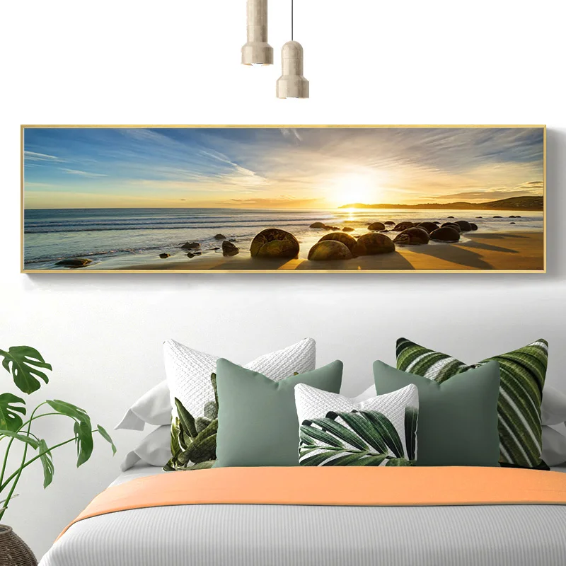 Soggiorno Natural Blue Sky Stone Beach Sunset Landscape Poster E Stampe Canvas Painting Scandinavo Wall Art Picture Room