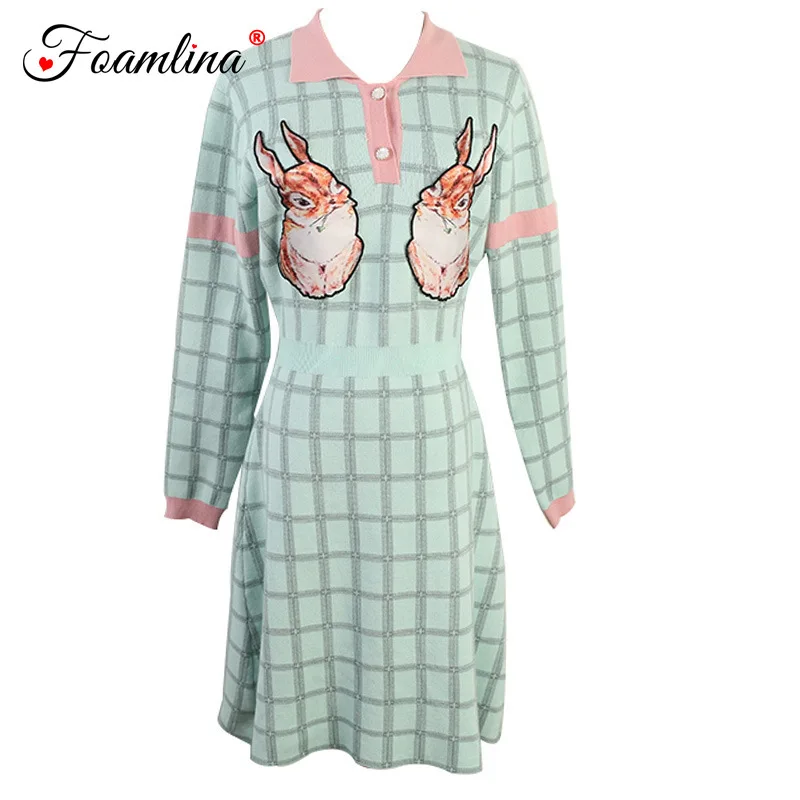 Foamlina 2019 Autumn Women's Clothing Dress Color Match Turn Down Collar Long Sleeve Rabit Plaid Casual Knit Sweater Dress