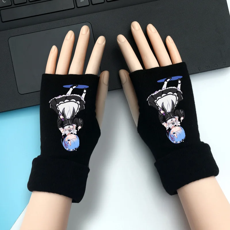 Re Life In A Different World Rem Ram Knitting Gloves Cotton Warm Half Finger Wrist Mittens Cosplay Prop Accessories Gift Winter