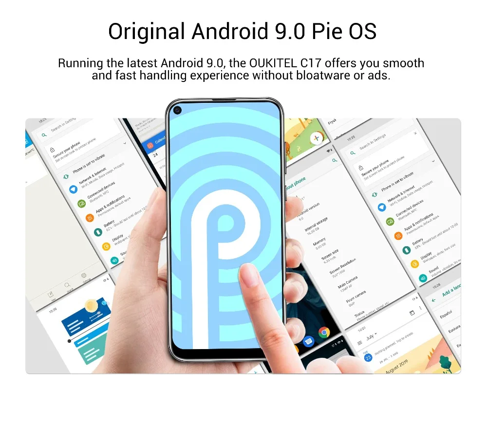 OUKITEL C17, 3 ГБ, 16 ГБ, Android 9,0, восьмиядерный смартфон, 6,35 дюйма, распознавание лица, отпечаток пальца, 3900 мАч, тройная камера, MT6763, 4G, мобильный телефон