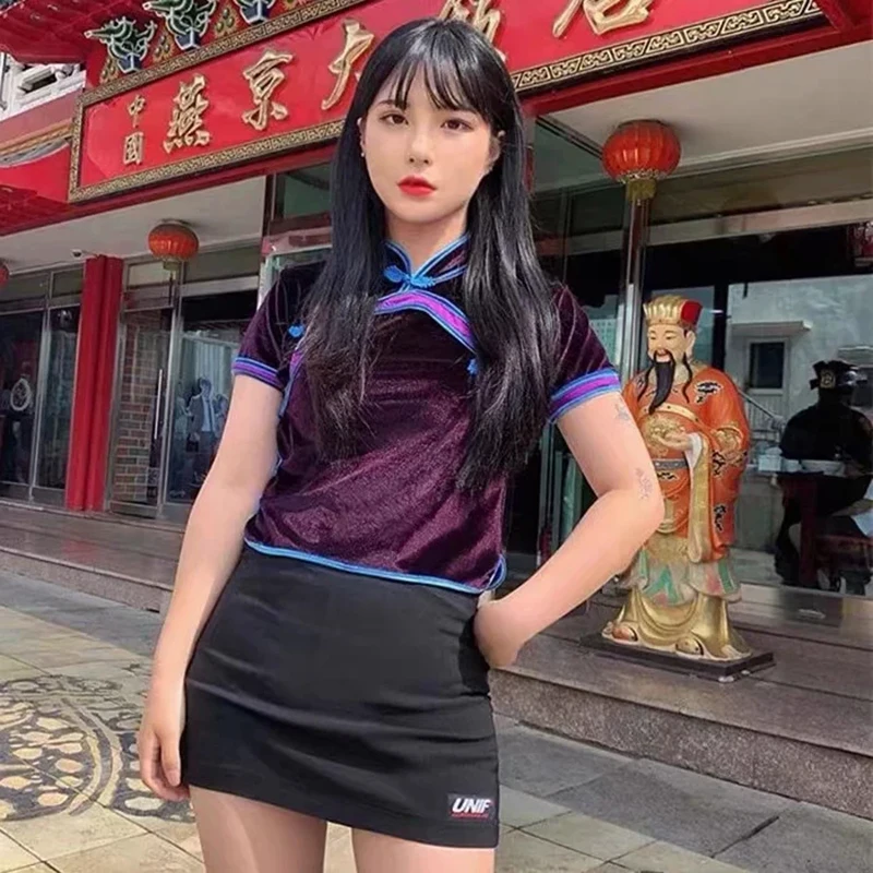 Vintage Women Chinese Traditional Velvet Blouse Summer Sexy Shirt Mujer Modern Chinese Style Clothing Tops