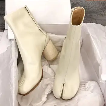 

Tabi Split-toe Women Boots Buckle Block Heels cream-colored Leather size 41 42 Chunky Booties Botas Feminina Shoes Woman