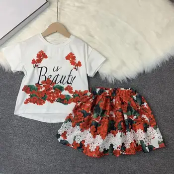 

Instock Girls Clothing set White T shirt+ Rose Flower Skirt Letter Printed Toddler Girls Clothing Brand 24M 3 4 6 8 10 12Y