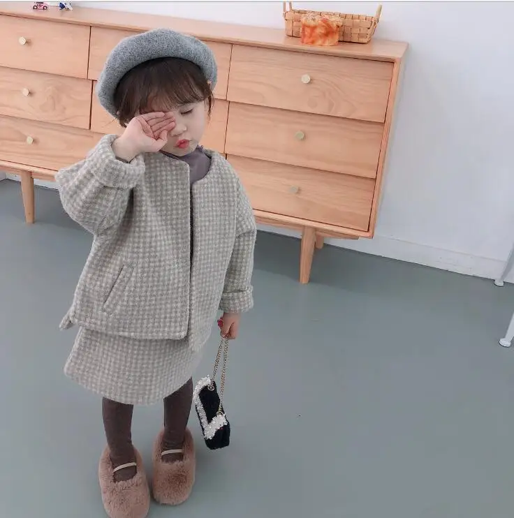 Г., корейский стиль, комплект из 2 предметов для девочек, клетчатый шерстяной комплект, пальто+ юбка, осенне-зимние модные хлопковые костюмы для детей от 1 до 6 лет