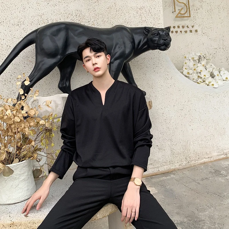 

Male Streetwear Hip Hop Loose Casual T-shrit Men Autumn Solid Color V-neck Vintage Long Sleeve Tshirt Pullovers Tees Shirts