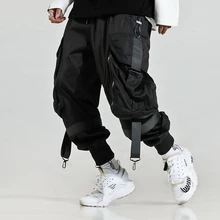 Мужские брюки-карго в стиле хип-хоп, размер США, уличная одежда, Харадзюку, шаровары, джоггеры с большими карманами и пряжкой, черные спортивные штаны в стиле хип-хоп DG483
