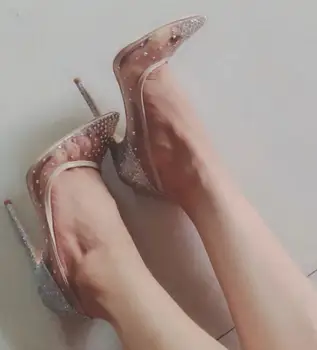 

BONJEAN Mesh Grid Crystal Embellished High Heel Shoes Sexy Pointed Toe 12CM Thin Heels Party Weddind Shoes Woman Dress Heels