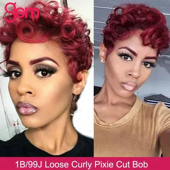 

1B/99J Loose Curly 100% Human Hair Wigs For Black Women Brazilian Remy Short Bob Human Hair Wig Pixie Cut Curly Human Hair Wigs