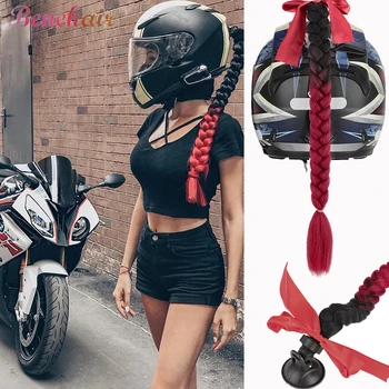 Benehair Syntheitc Helmet Pigtails Gradient Ramp Helmet Braids Ponytail Hair with Suction Cup with Bowknot for Motor Bike 1PCS