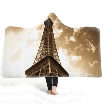 

Nature View 3d Print Blanket Paris Tower White Cloud Fleece Sherpa Hooded Throw Blanket Adult Wearable Nap Blanket on Sofa Bed