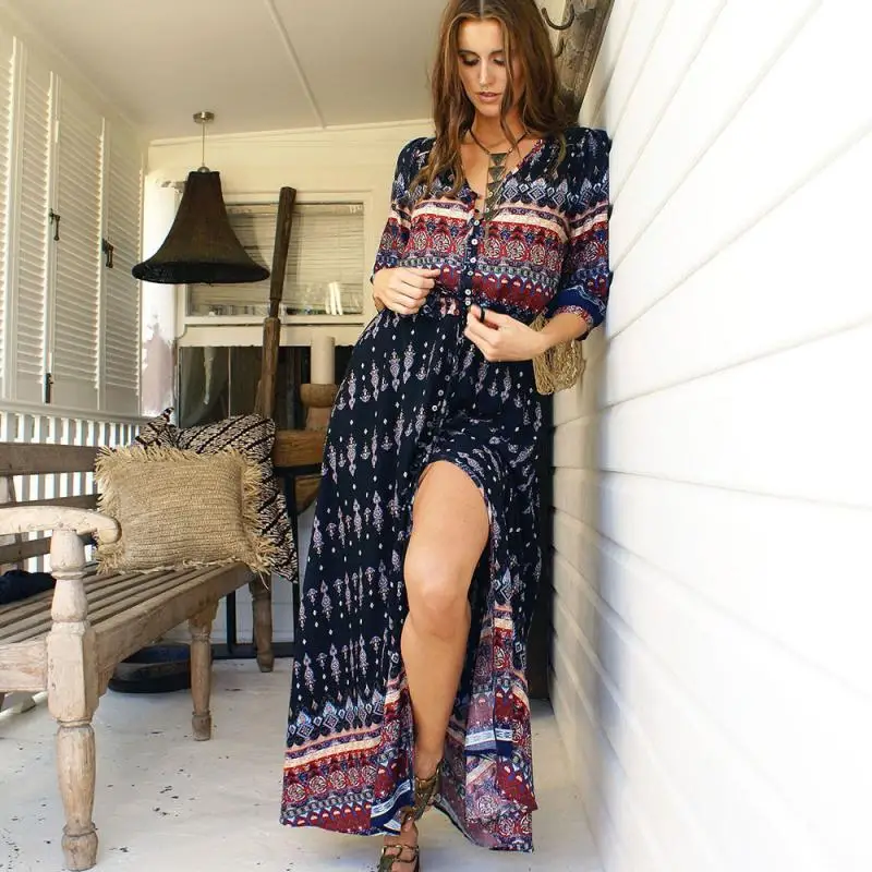 2020 Genuo Beach Long Dress Single Breasted Sexy Womens Bohemian Split Maxi Dress Boho Beachwear For Women