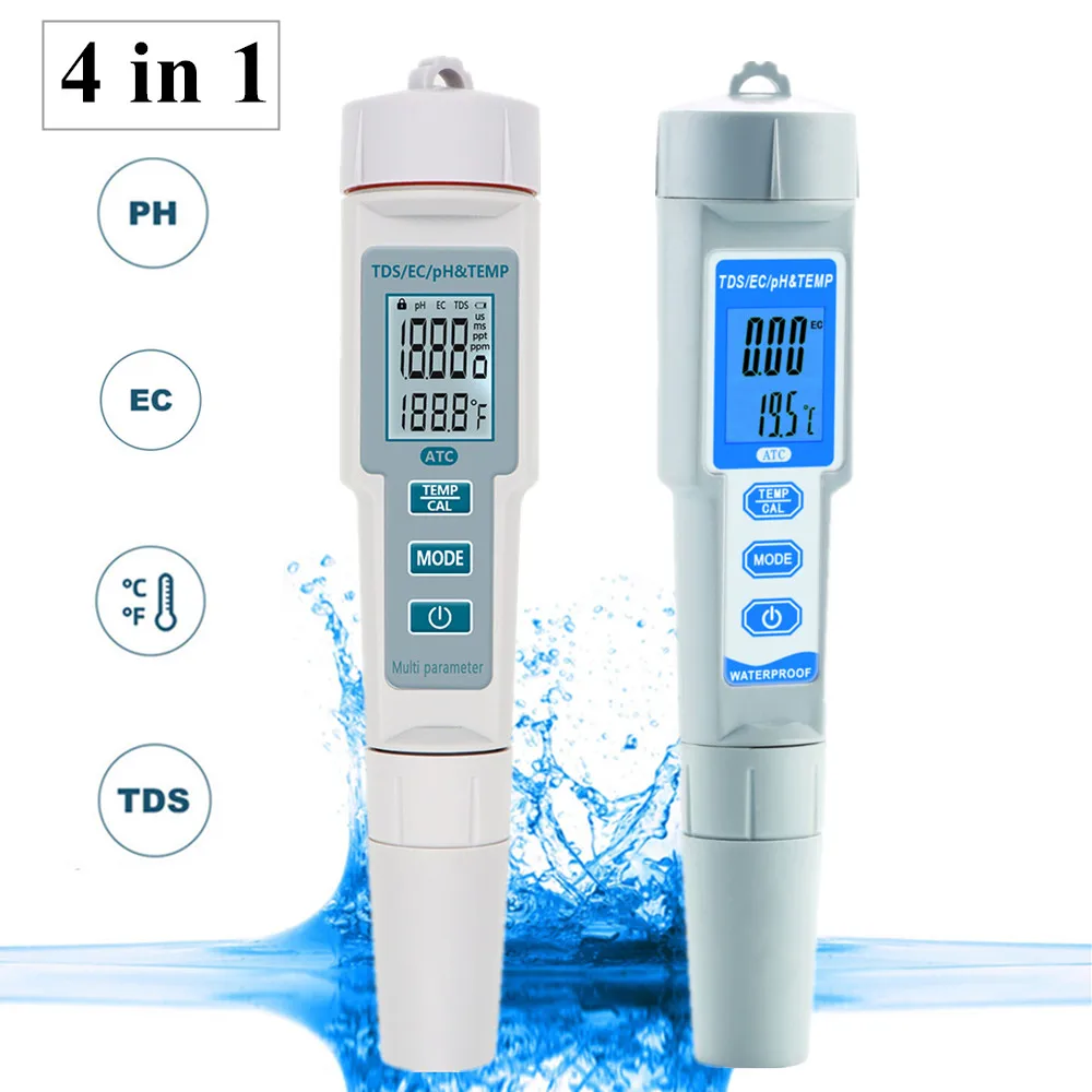 4 в 1 PH/TDS/EC/Temp метр водонепроницаемый PH ATC цифровой монитор качества воды тестер