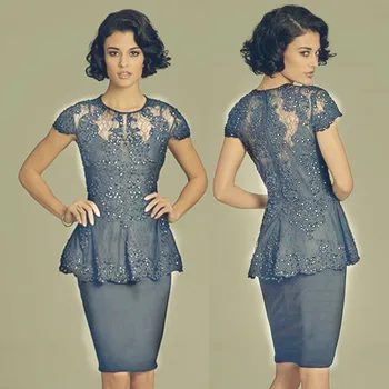 

fast shipping in stock handmade beading pleat lace appliques o neck knee length short sleeves gray evening dress