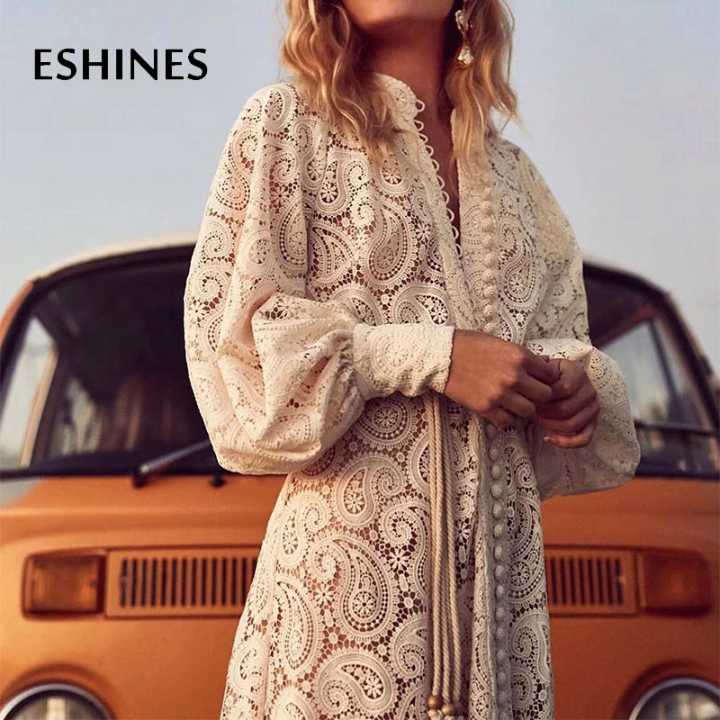 

ESHINES High End Elegant Hollow Out Midi Dress 2019 Apricot Single-breasted Stand Neck Lantern Sleeve Lace Up Sashes Dress