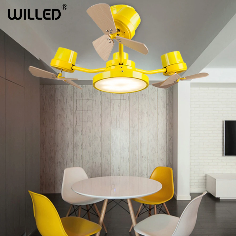 

Creative Rotating Ceiling Fans with Lights Yellow Blue LED Lamp for Children Kids Kindergarten Bedroom Wood Cartoon Windmill