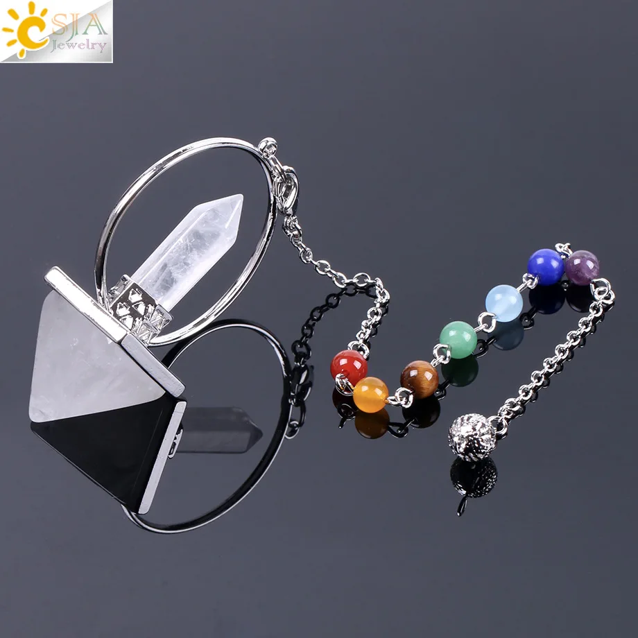 CSJA Reiki Healing 7 Chakra Crystal Pendulums for Dowsing Natural Stone Hexagonal Prism Pyramid White Pink Obsidian Pendulo F057