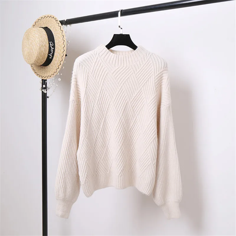beige Hirsionsan Pull Femme,, зима-осень, вязаный кашемировый свитер большого размера, женский, с рукавом-фонариком, со стразами, базовые, плотные пуловеры - Цвет: beige