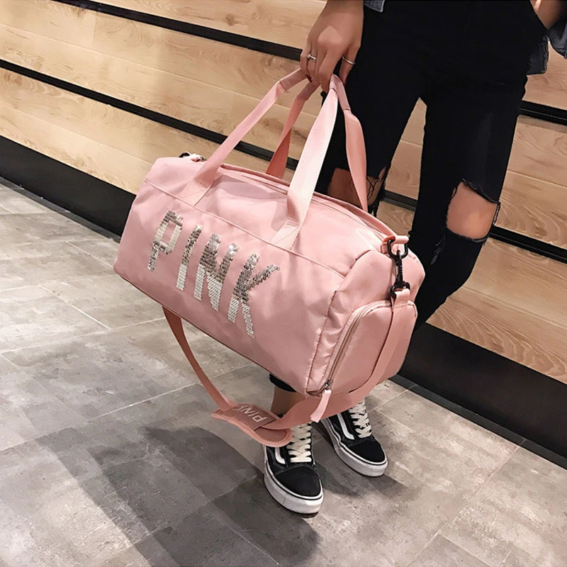 New Travel Bags Sequins PINK Duffle Bag Women Men Sports Bag For Shoes Weekend Bag Nylon Woman Traveling Bags For Ladies