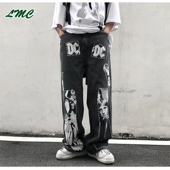 

LMC/ Rock Band Patch Patch Jeans High street print pendant wide leg pants men Hip hop men and women couple jeans
