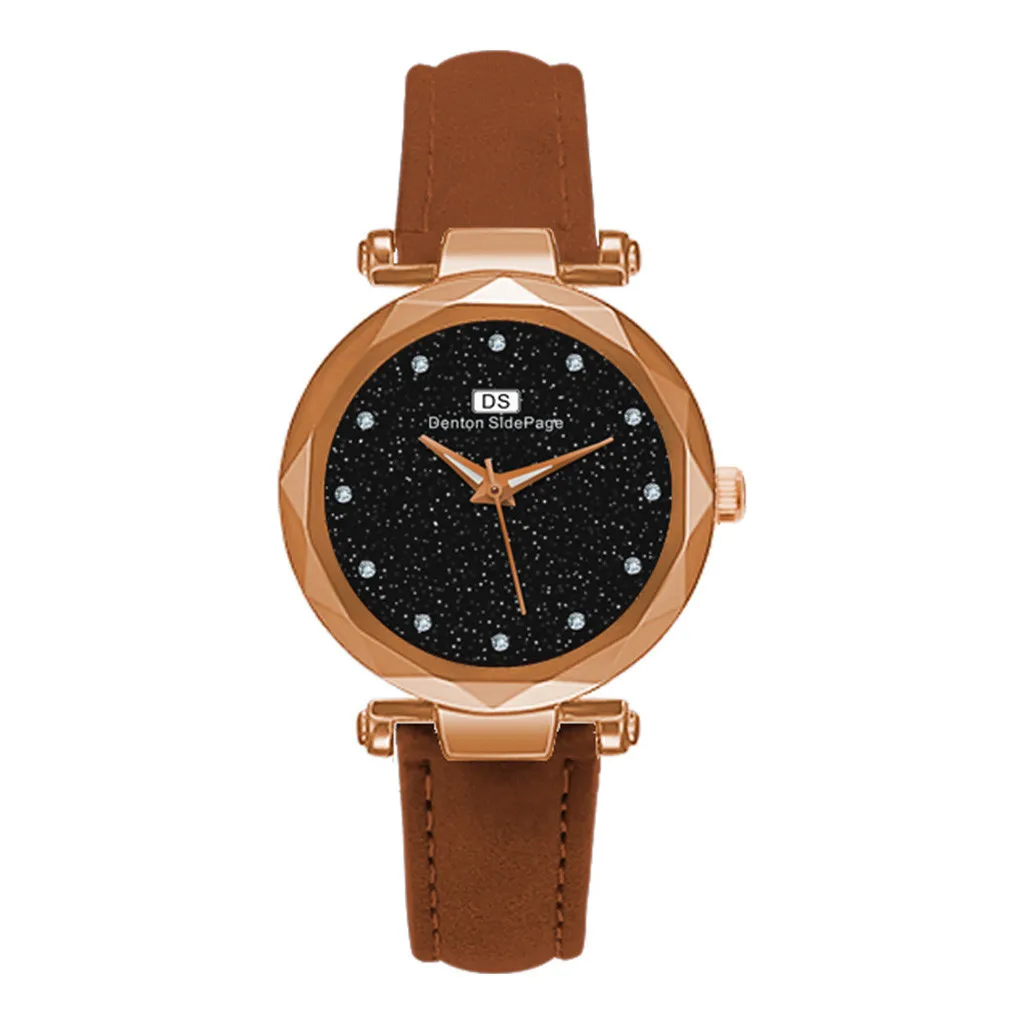 Модные повседневные женские часы Звездное небо 12 бриллиантов маленький кожаный ремень креативные женские часы кварцевые наручные часы relogio feminino - Цвет: Coffee