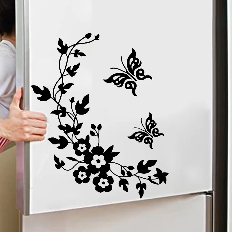 Black Vinyl Butterfly Flower Wall Stickers For Home Decor Living Room Kitchen Bathroom Flora Mural Wall Decoration Accessories