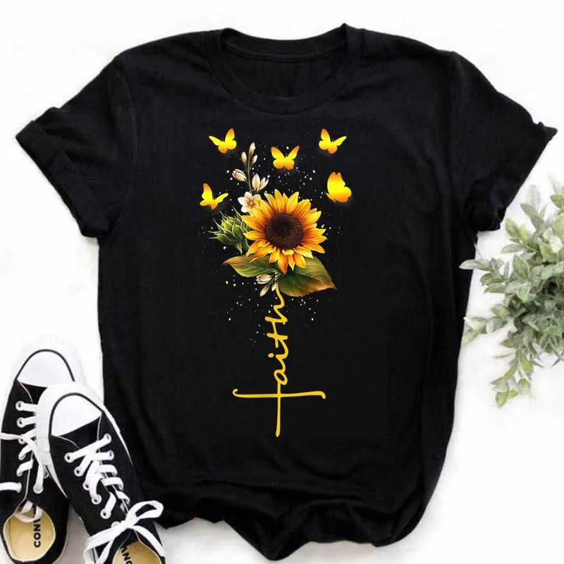 Maycaur Women's T-shirt Casual Kawaii Sunflower Butterfly Pattern Print Tshirt Comfortable Casual Women's Clothing Black Top cheap t shirts Tees