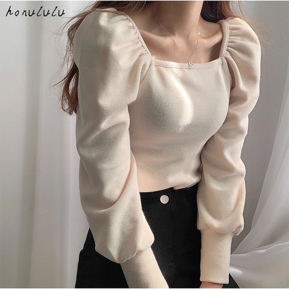 

Autumn Korean chic design sense pleated puff sleeve square neck sweater women's foreign style shirt bottoming shirt tide