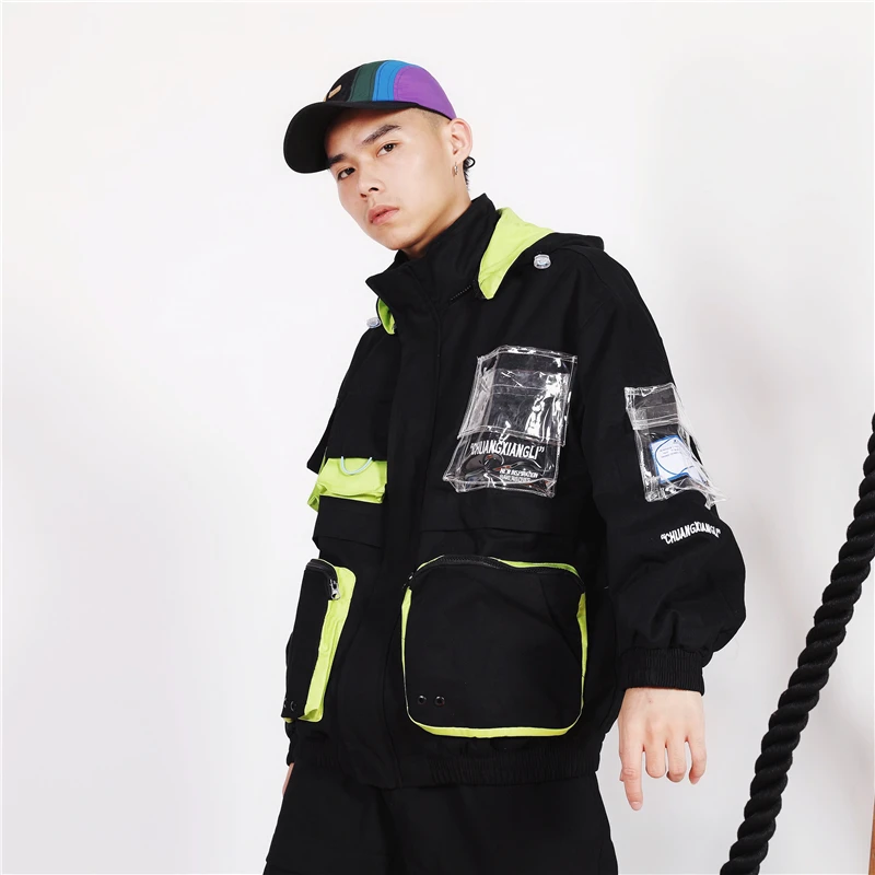 Techwear куртка с множеством карманов черная Рабочая куртка с капюшоном
