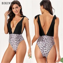2020 New Sexy Deep V Monokini Women Leopard Patchwork Swimsuit Backless Bathing Suit S-XL Girl Shoulder Knot One Piece Suit