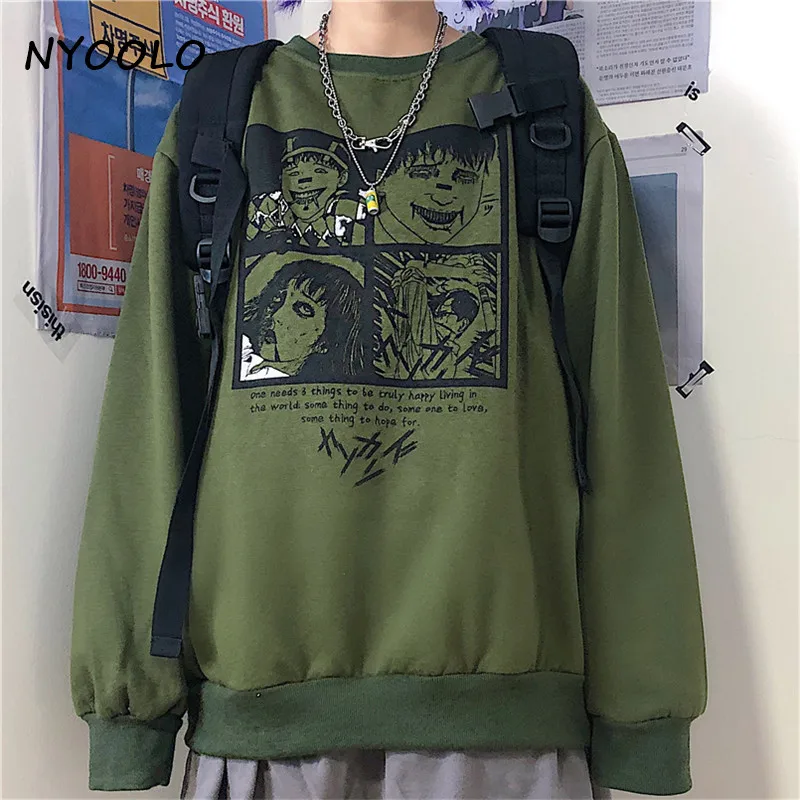 NYOOLO Harajuku уличная толстовка с капюшоном и буквенным принтом в виде комиксов ужасов, осенне-зимние пуловеры с круглым вырезом, толстая теплая толстовка для женщин и мужчин, топы - Цвет: Армейский зеленый
