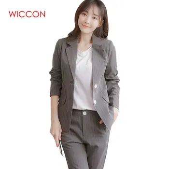 

Women Striped Pant Suits 2020 Spring New office Lady Work Professional Suit + Nine Pants Two Sets Women Single Button Decor