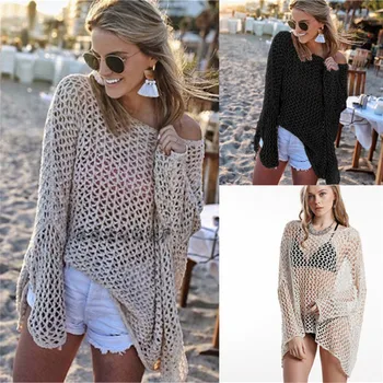 

Beach Dress For Women Tunic Kaftan Clothes Swimsuit Swimwear Womens Cover Summer 2020 Knitted New Large Smock Solid Sun Proof