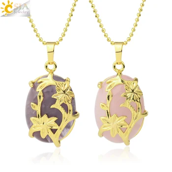 

CSJA Natural Gem Stone Oval Pendant Necklace Gold Color Life Flower Reiki Crystal Quartz Lapis for Women Men Trendy Jewelry G333